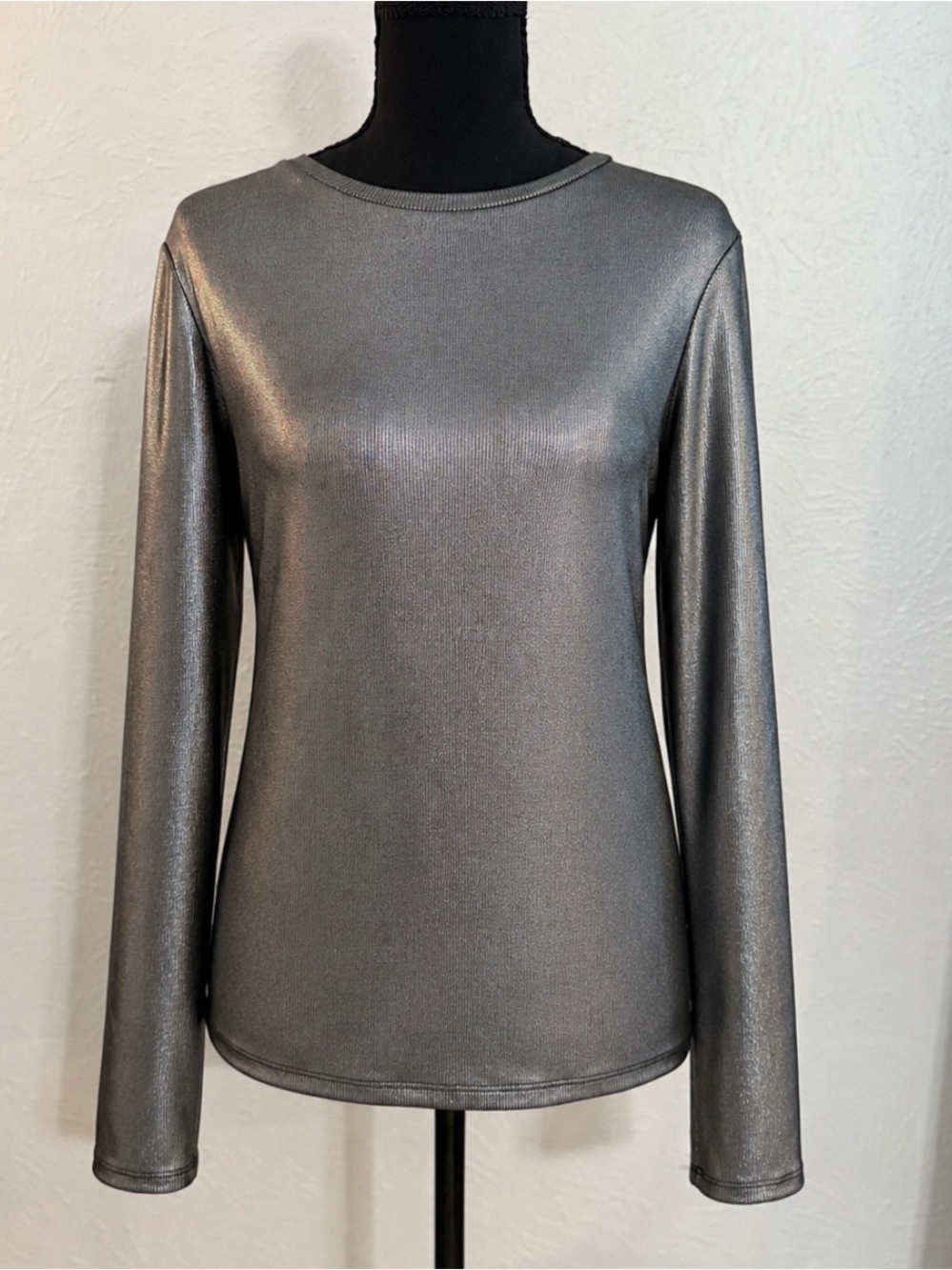Halogen Metallic Silver Long Sleeve Crewneck Top